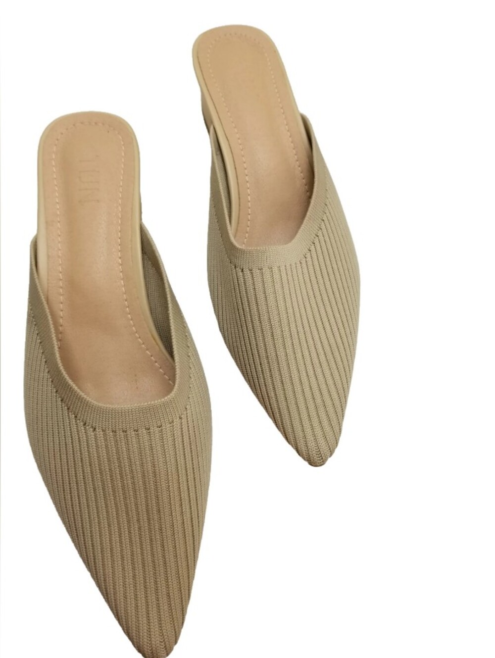 TIJN Shoes Heels Sz 10 Knit Pointed Toe Mules Tan Slip On Block Heel Soft Fabric